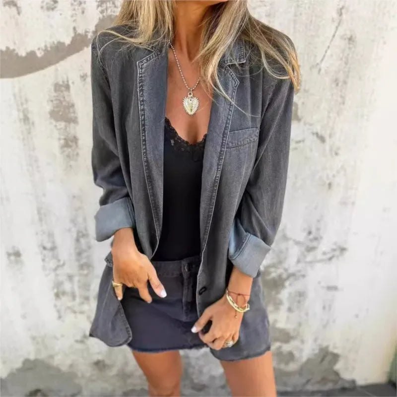 Comfortable Denim Jacket for Women with Lapel Collar Side Pockets Casual Style