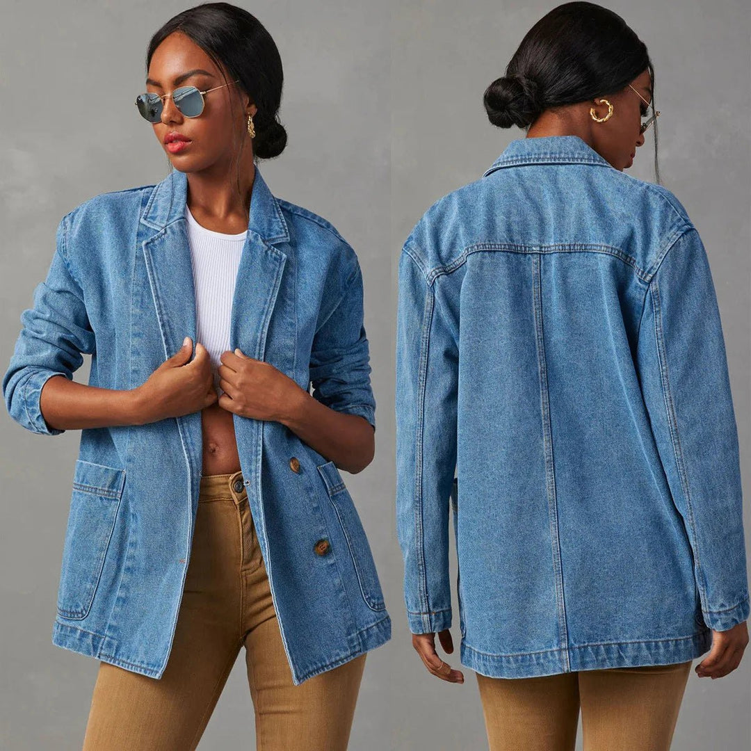 Comfortable Denim Jacket for Women with Lapel Collar Side Pockets Zip Front Casual Style