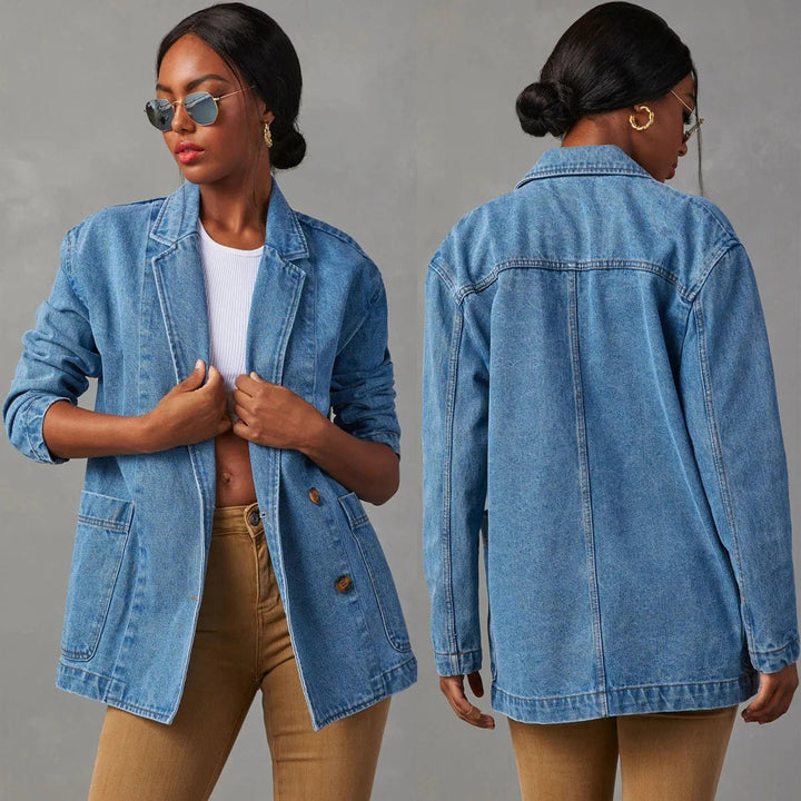 Comfortable Denim Jacket for Women with Lapel Collar Side Pockets Zip Front Casual Style