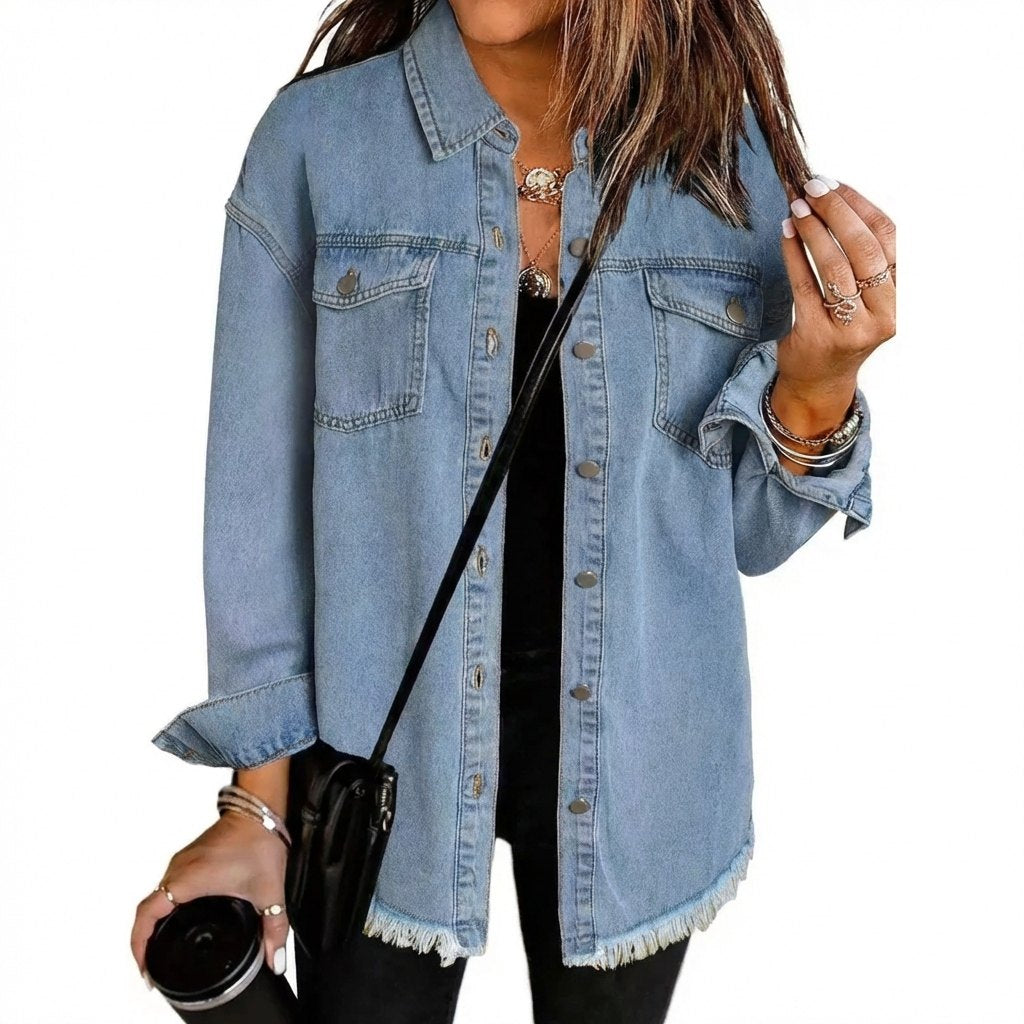 Comfortable Denim Jacket for Women with Side Pockets Button Front Casual Style