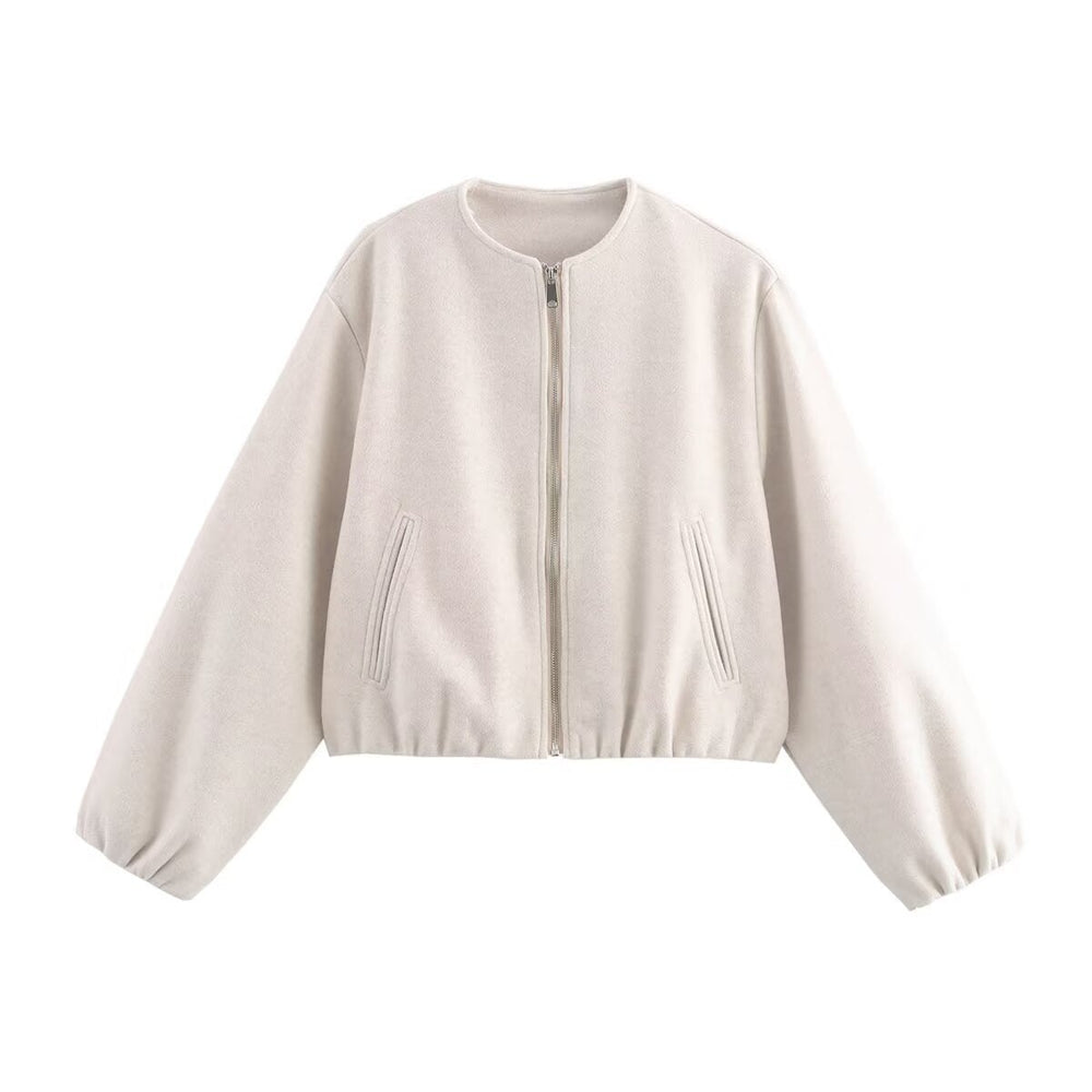 Comfortable Fleece Bomber Jacket for Women with High Neck Wide Leg Straight Leg Casual Style
