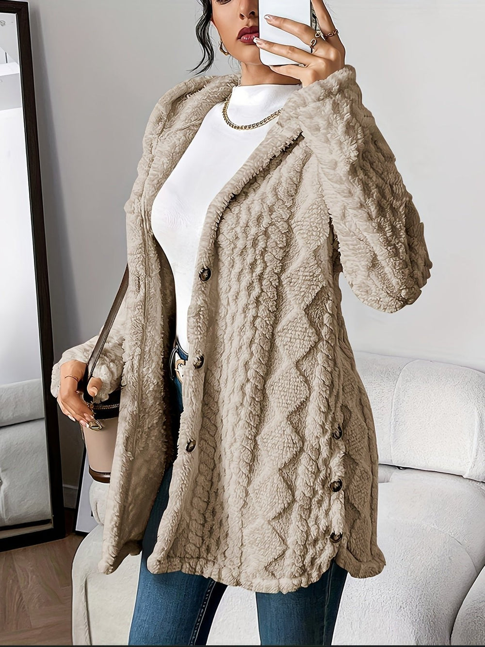 Comfortable Fleece Jacket for Women with Hood Relaxed Button Front Cosy Style