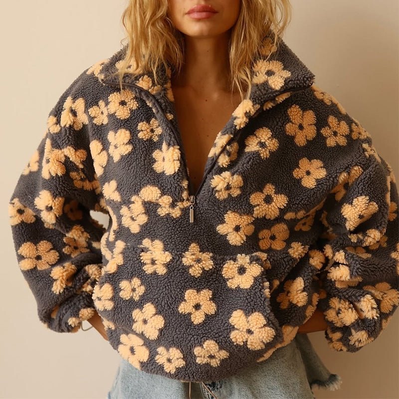 Comfortable Floral Fleece Jacket for Women with Stand Collar Relaxed Cosy Style
