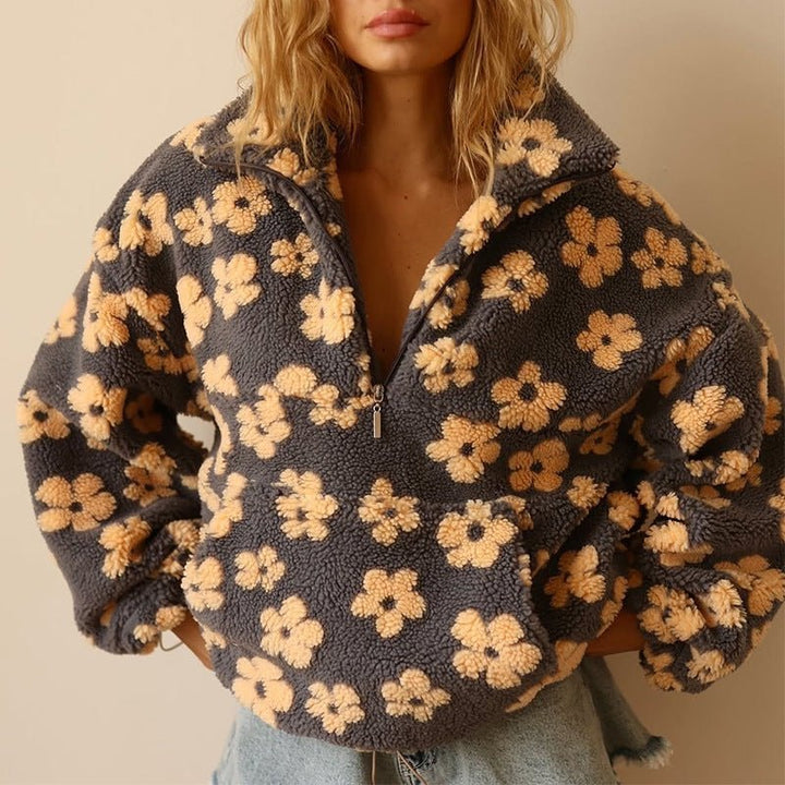 Comfortable Floral Fleece Jacket for Women with Stand Collar Relaxed Cosy Style