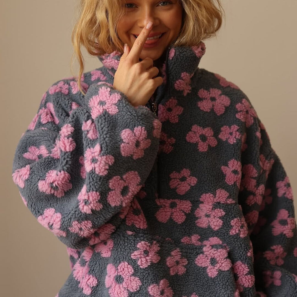 Comfortable Floral Fleece Jacket for Women with Stand Collar Relaxed Cosy Style