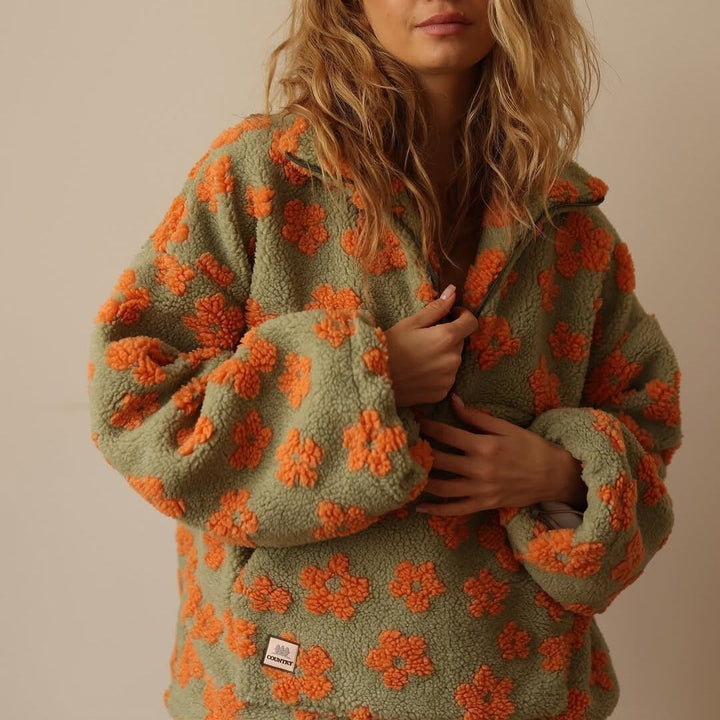 Comfortable Floral Fleece Jacket for Women with Stand Collar Relaxed Cosy Style