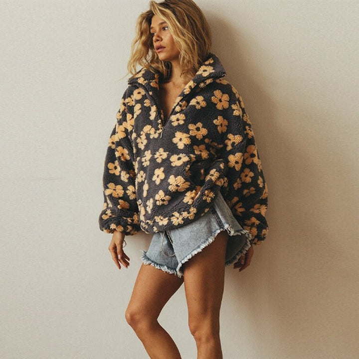 Comfortable Floral Fleece Jacket for Women with Stand Collar Relaxed Cosy Style