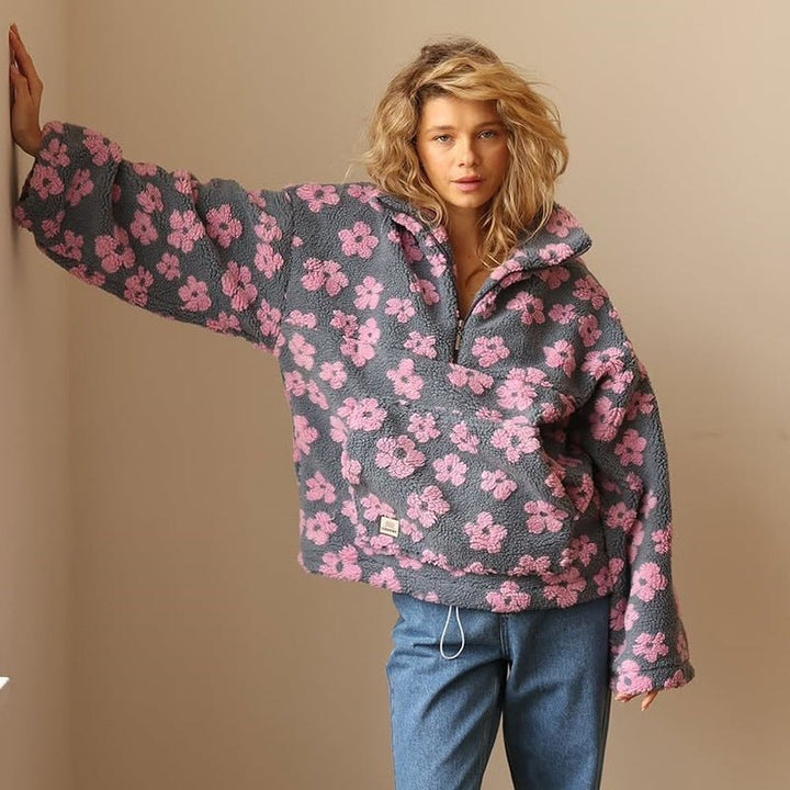 Comfortable Floral Fleece Jacket for Women with Stand Collar Relaxed Cosy Style