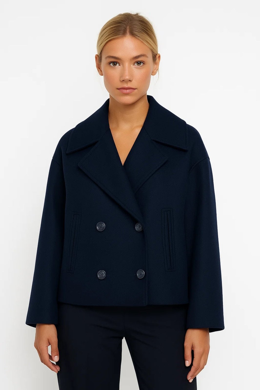 Comfortable Knit Pea Coat for Women with Lapel Collar Straight Leg Cropped Winter Style