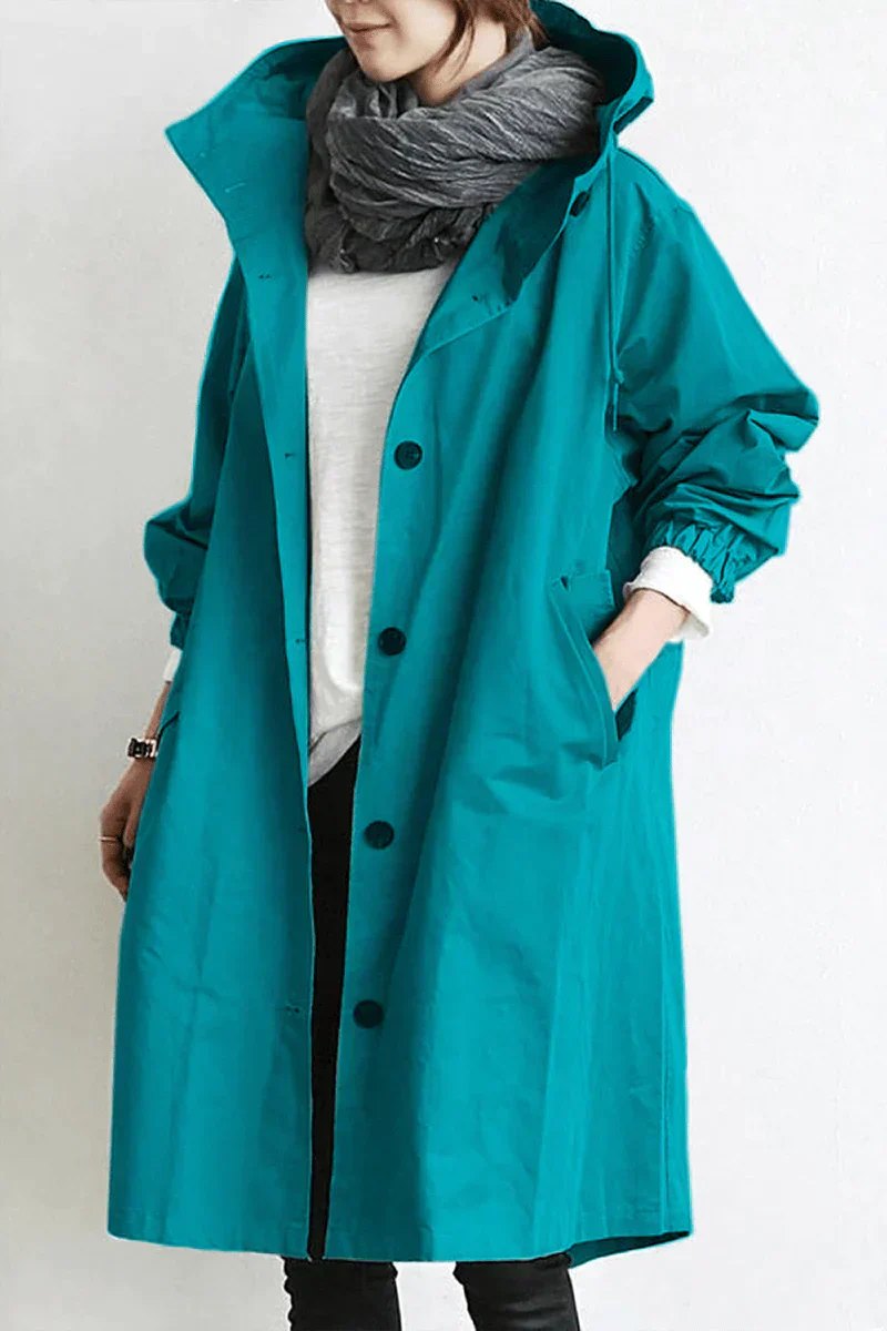 Comfortable Knit Rain Jacket for Women with Hood Longline Relaxed Outdoor Style