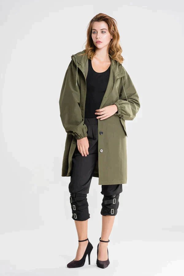 Comfortable Rain Jacket for Women with Hood Side Pockets Drawstring Waist Outdoor Style