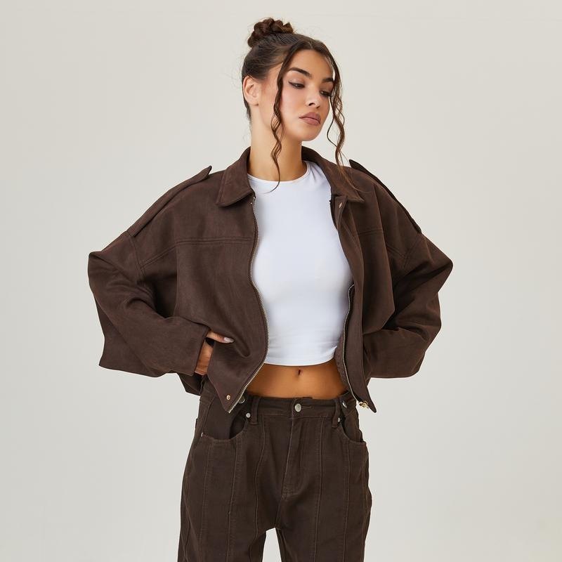 Comfortable Suede Bomber Jacket for Women with Collar Wide Leg Cropped Casual Style