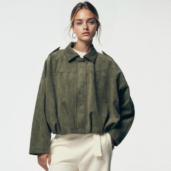 Comfortable Suede Bomber Jacket for Women with Collar Wide Leg Cropped Casual Style