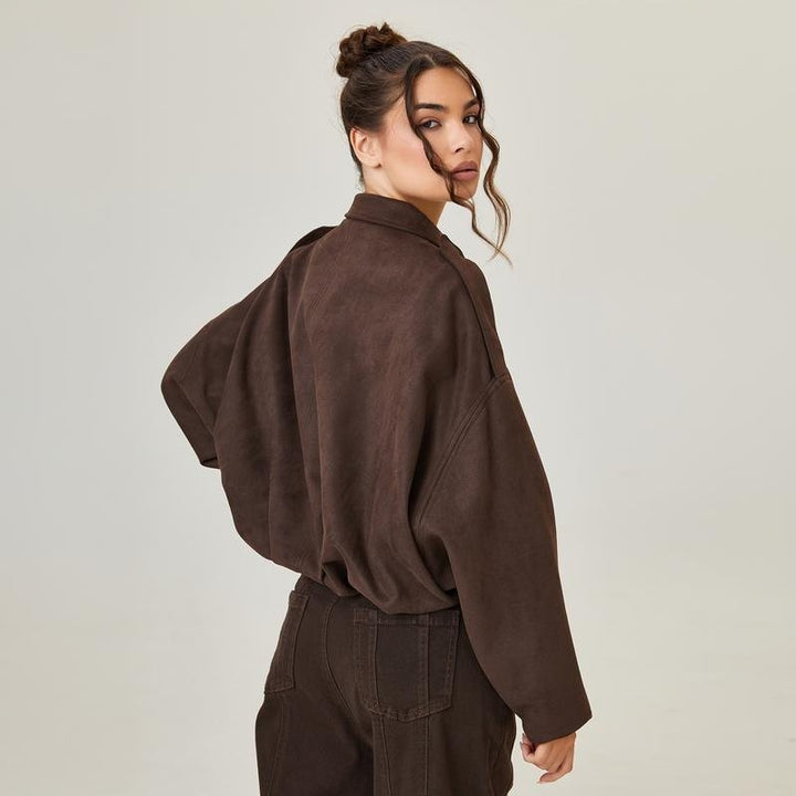 Comfortable Suede Bomber Jacket for Women with Collar Wide Leg Cropped Casual Style