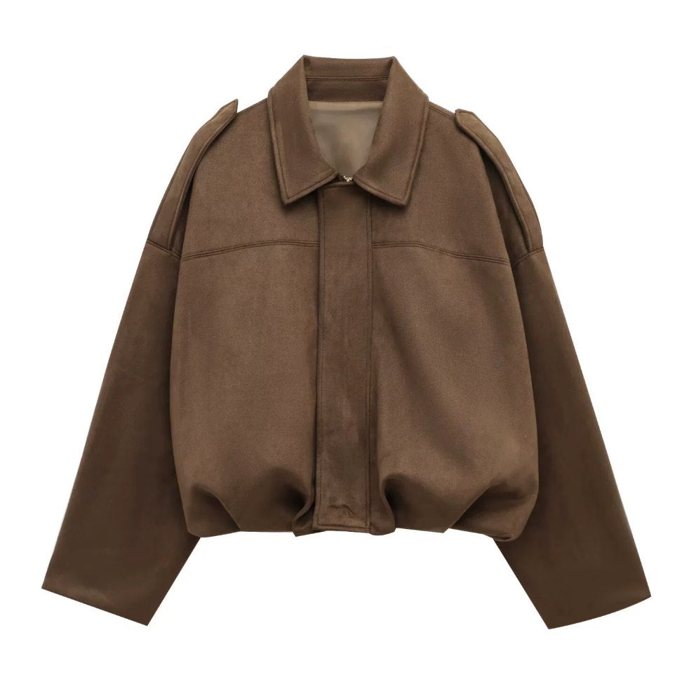Comfortable Suede Bomber Jacket for Women with Relaxed Hidden Placket Casual Style