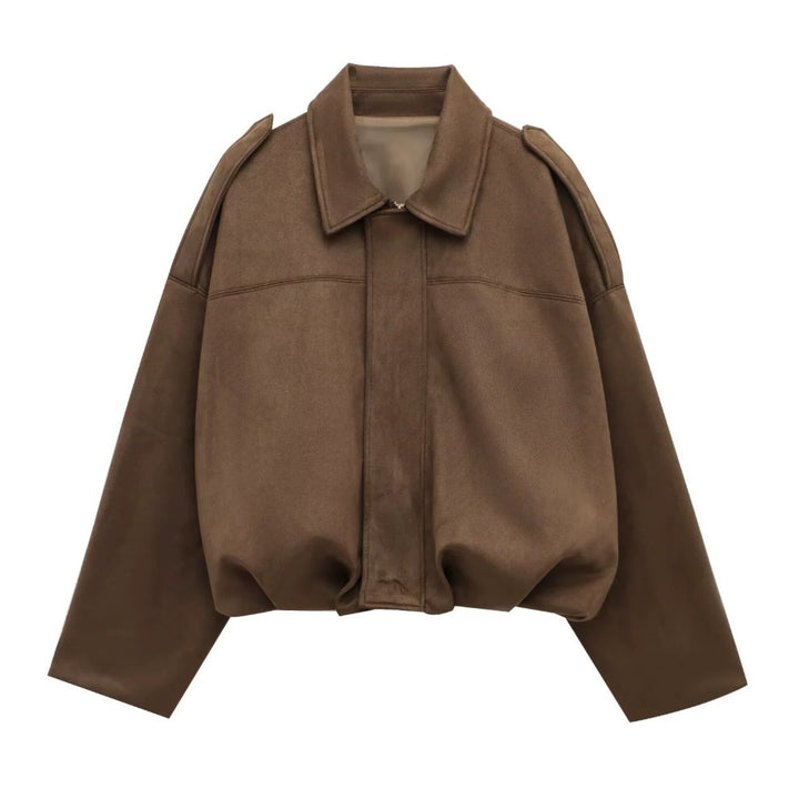 Comfortable Suede Bomber Jacket for Women with Relaxed Hidden Placket Casual Style