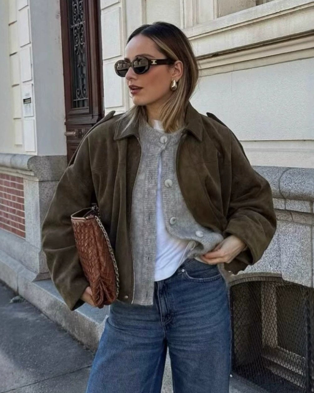 Comfortable Suede Bomber Jacket for Women with Relaxed Hidden Placket Casual Style