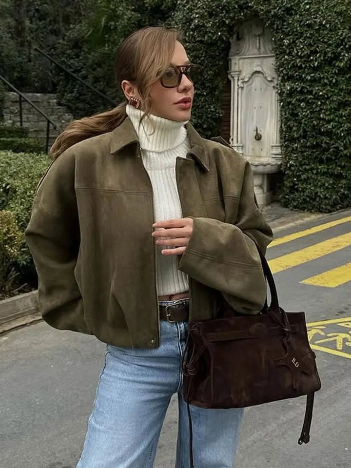 Comfortable Suede Bomber Jacket for Women with Relaxed Hidden Placket Casual Style