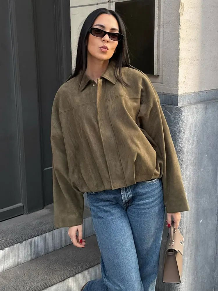 Comfortable Suede Bomber Jacket for Women with Relaxed Hidden Placket Casual Style