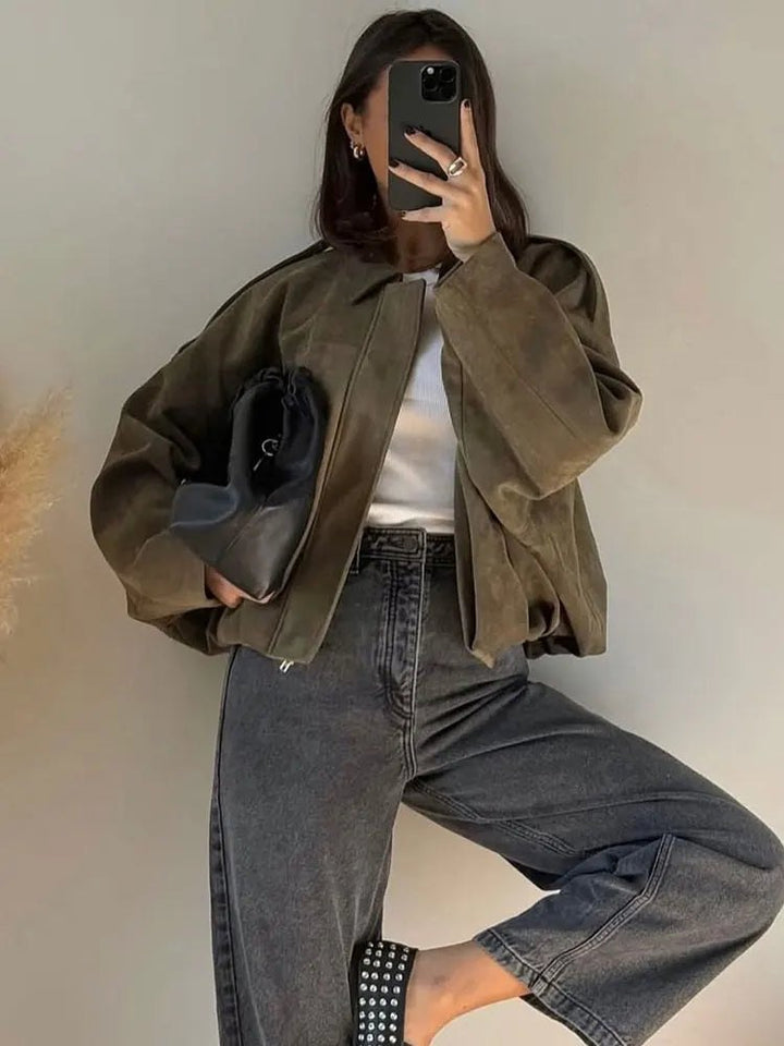 Comfortable Suede Bomber Jacket for Women with Relaxed Hidden Placket Casual Style