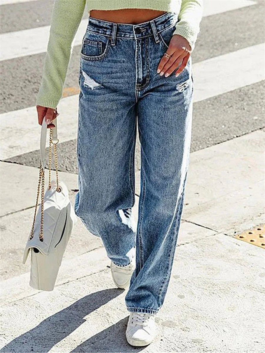 Effortless Blue Baggy Jeans for Women with Relaxed Distressed Detail Relaxed Style
