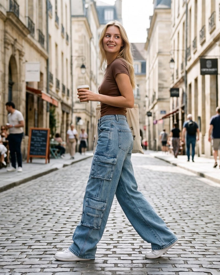 Effortless Blue Baggy Jeans for Women with Wide Leg Cropped Cargo Pockets Relaxed Style