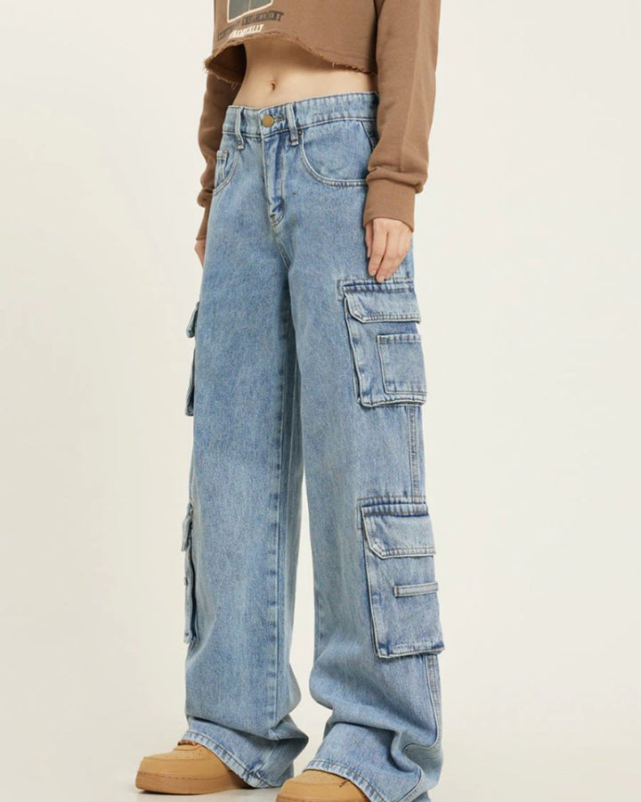 Effortless Blue Baggy Jeans for Women with Wide Leg Cropped Cargo Pockets Relaxed Style