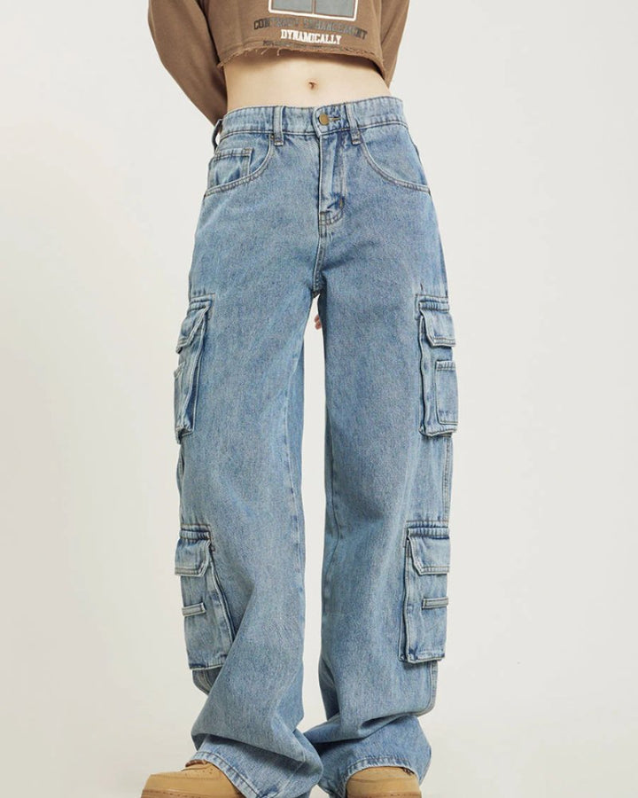 Effortless Blue Baggy Jeans for Women with Wide Leg Cropped Cargo Pockets Relaxed Style