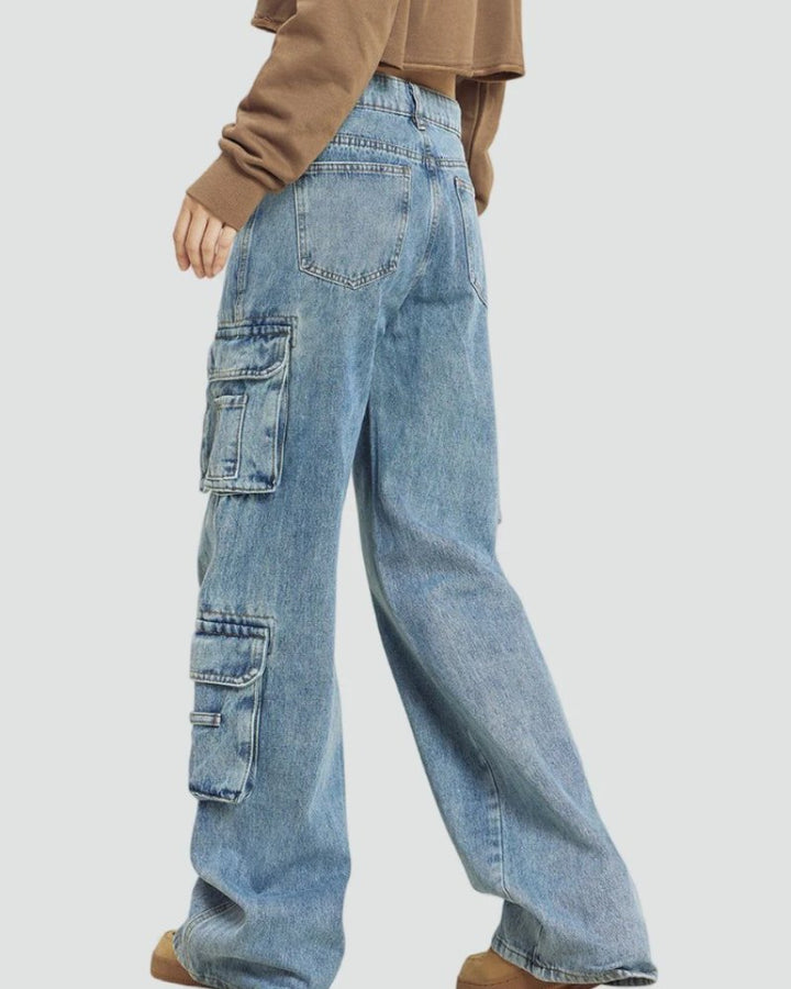 Effortless Blue Baggy Jeans for Women with Wide Leg Cropped Cargo Pockets Relaxed Style