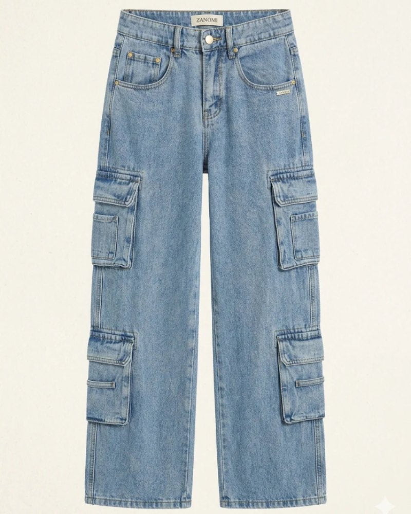 Effortless Blue Baggy Jeans for Women with Wide Leg Cropped Cargo Pockets Relaxed Style
