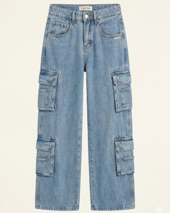 Effortless Blue Baggy Jeans for Women with Wide Leg Cropped Cargo Pockets Relaxed Style