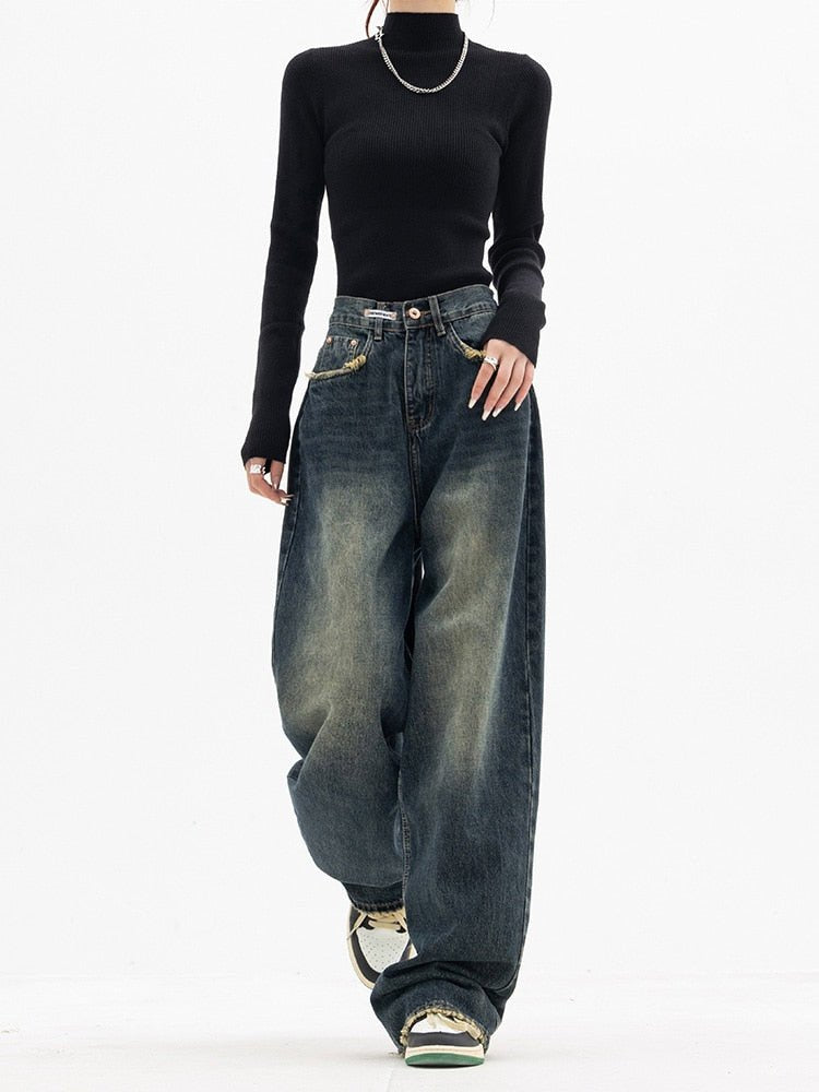 Effortless Blue Grey Baggy Jeans for Women with Wide Leg Relaxed Style