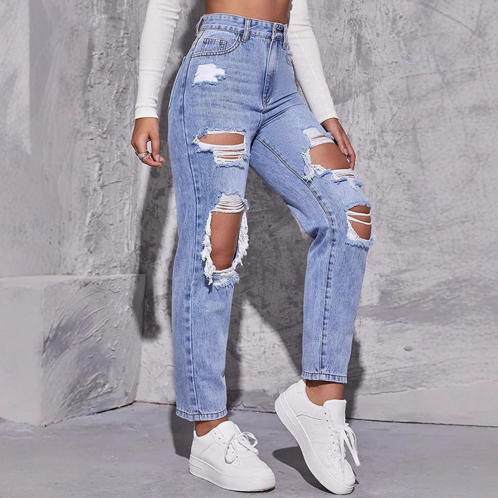 Effortless Blue High Waisted Jeans for Women with Relaxed Distressed Detail Casual Style