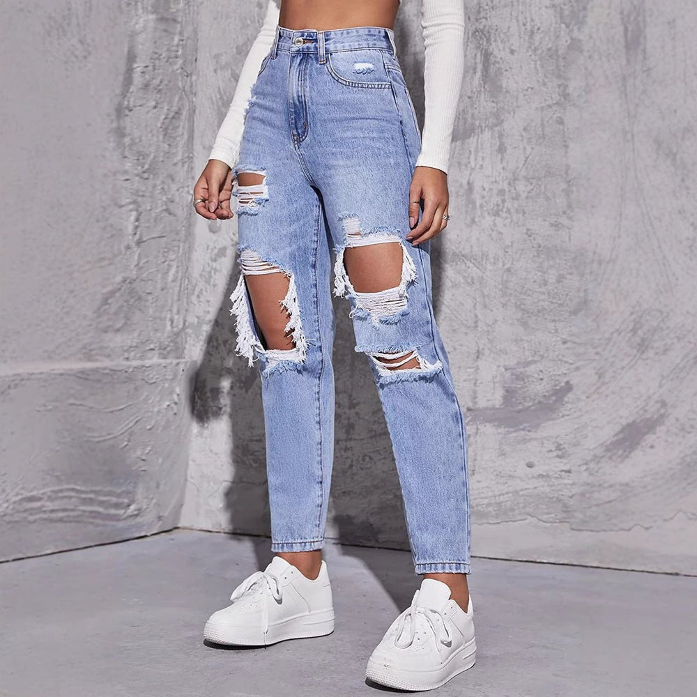 Effortless Blue High Waisted Jeans for Women with Relaxed Distressed Detail Casual Style