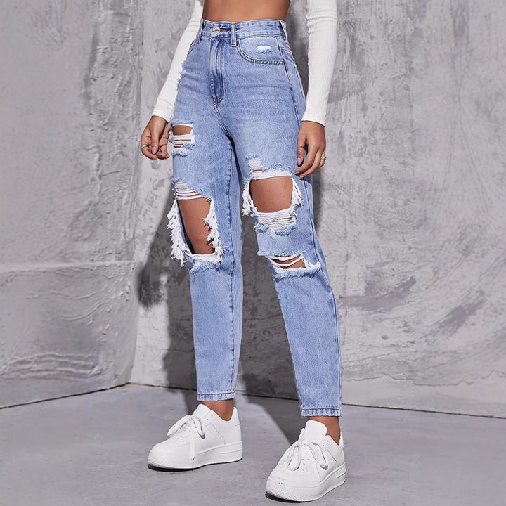 Effortless Blue High Waisted Jeans for Women with Relaxed Distressed Detail Casual Style