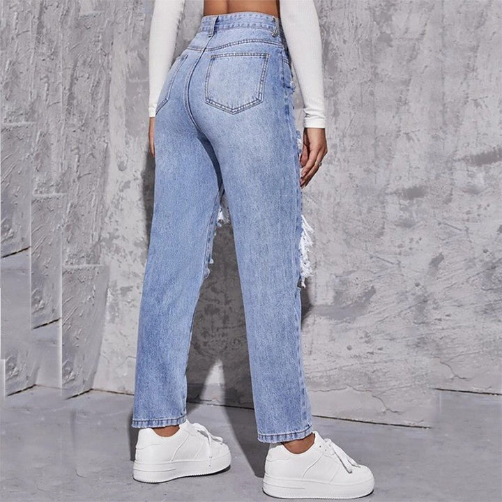 Effortless Blue High Waisted Jeans for Women with Relaxed Distressed Detail Casual Style