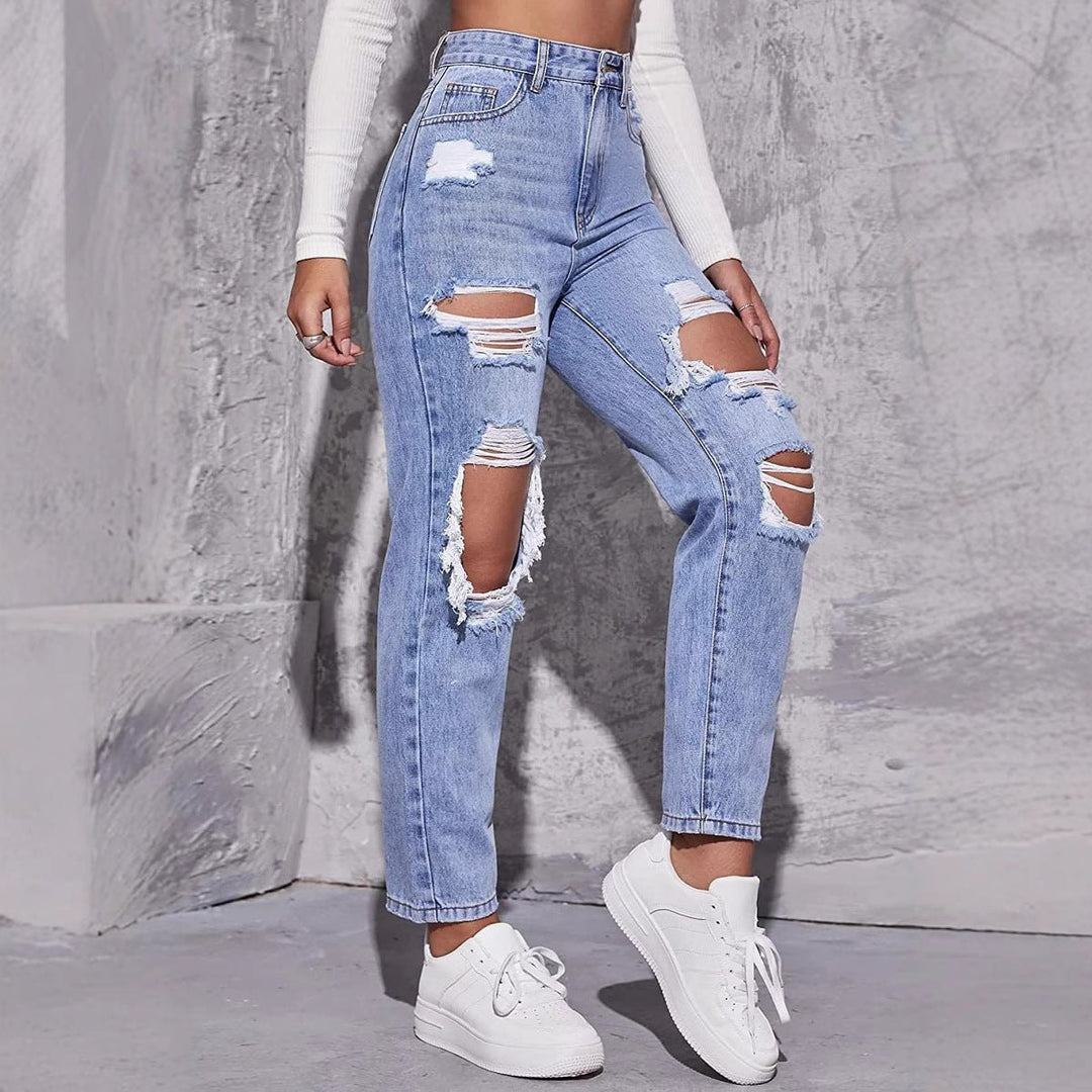 Effortless Blue High Waisted Jeans for Women with Relaxed Distressed Detail Casual Style