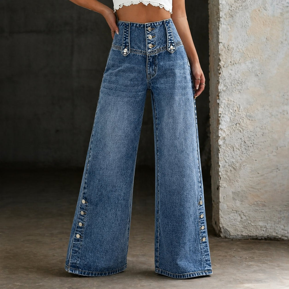 Effortless Blue High Waisted Jeans for Women with Relaxed Side Slit Casual Style