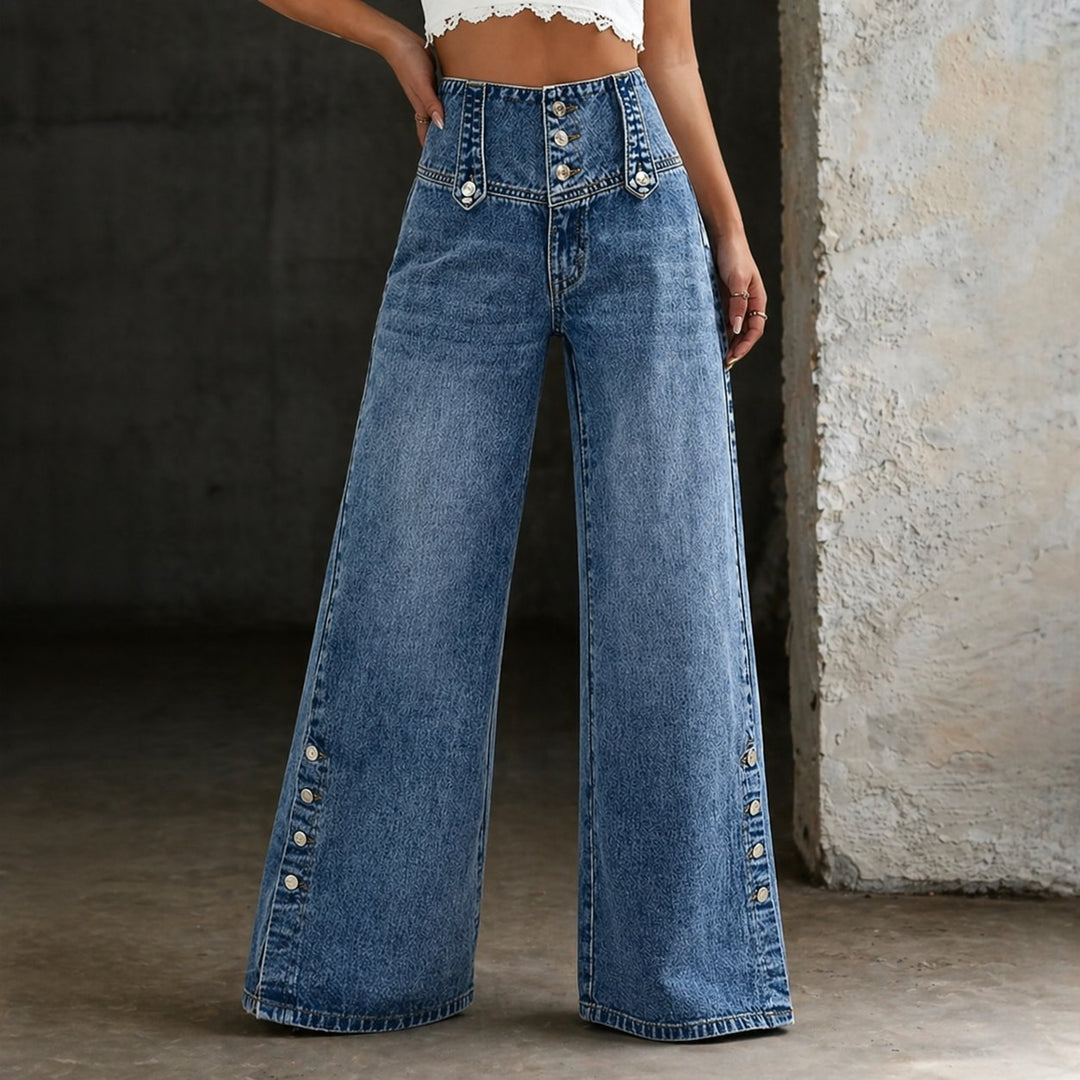 Effortless Blue High Waisted Jeans for Women with Relaxed Side Slit Casual Style