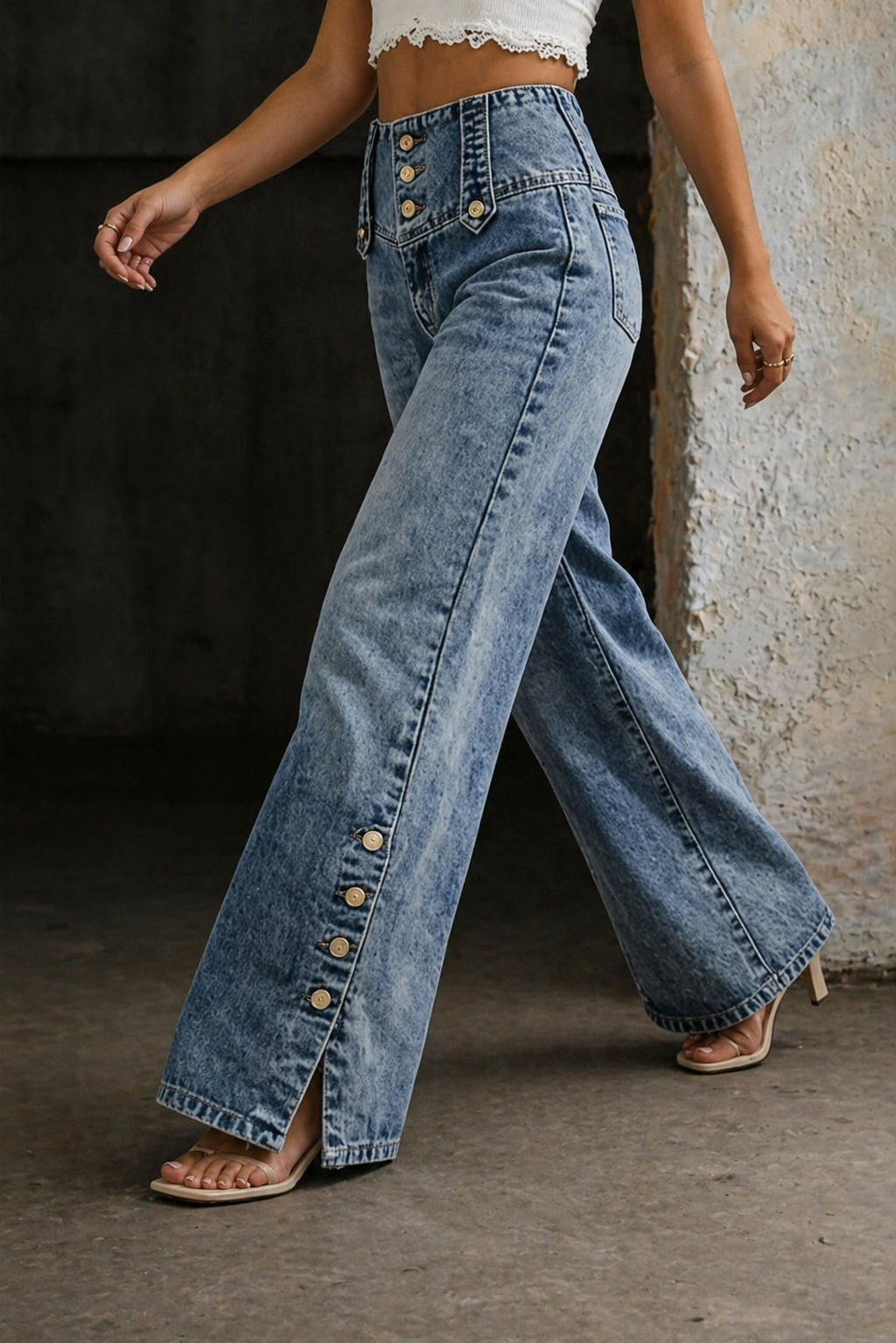 Effortless Blue High Waisted Jeans for Women with Relaxed Side Slit Casual Style