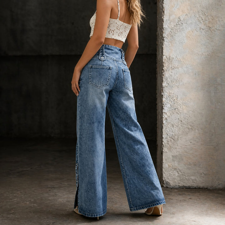 Effortless Blue High Waisted Jeans for Women with Relaxed Side Slit Casual Style
