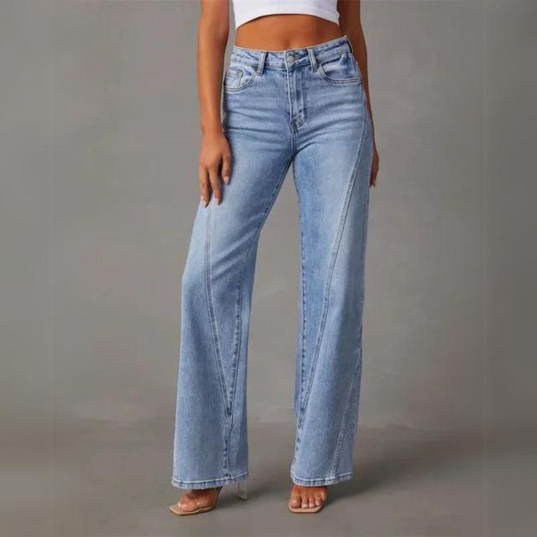 Effortless Blue High Waisted Jeans for Women with Wide Leg Side Slit Casual Style