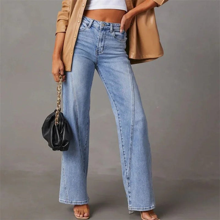 Effortless Blue High Waisted Jeans for Women with Wide Leg Side Slit Casual Style