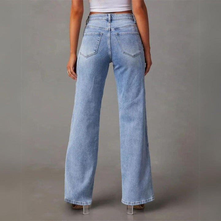 Effortless Blue High Waisted Jeans for Women with Wide Leg Side Slit Casual Style