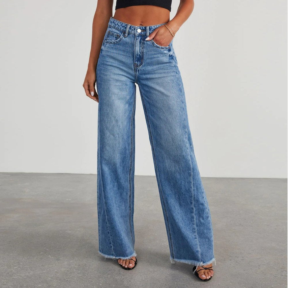 Effortless Blue High Waisted Jeans for Women with Wide Leg Straight Leg Casual Style