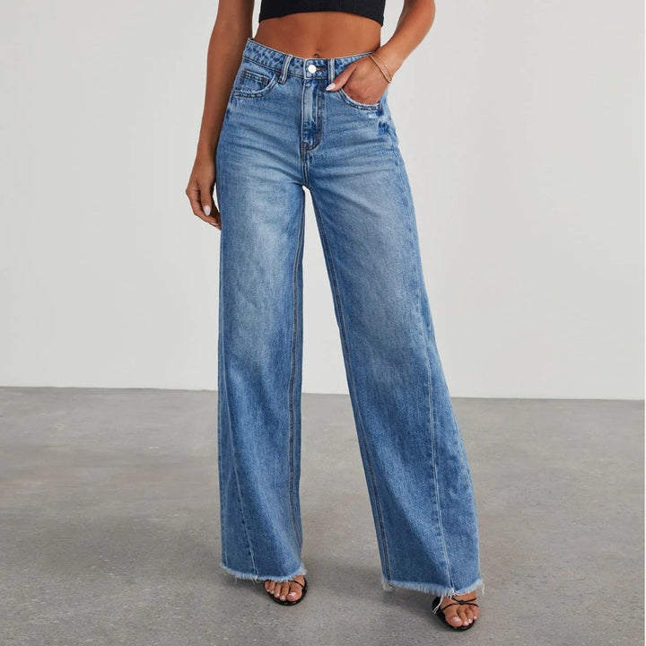 Effortless Blue High Waisted Jeans for Women with Wide Leg Straight Leg Casual Style