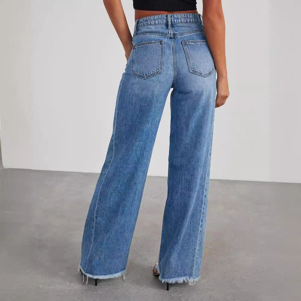 Effortless Blue High Waisted Jeans for Women with Wide Leg Straight Leg Casual Style