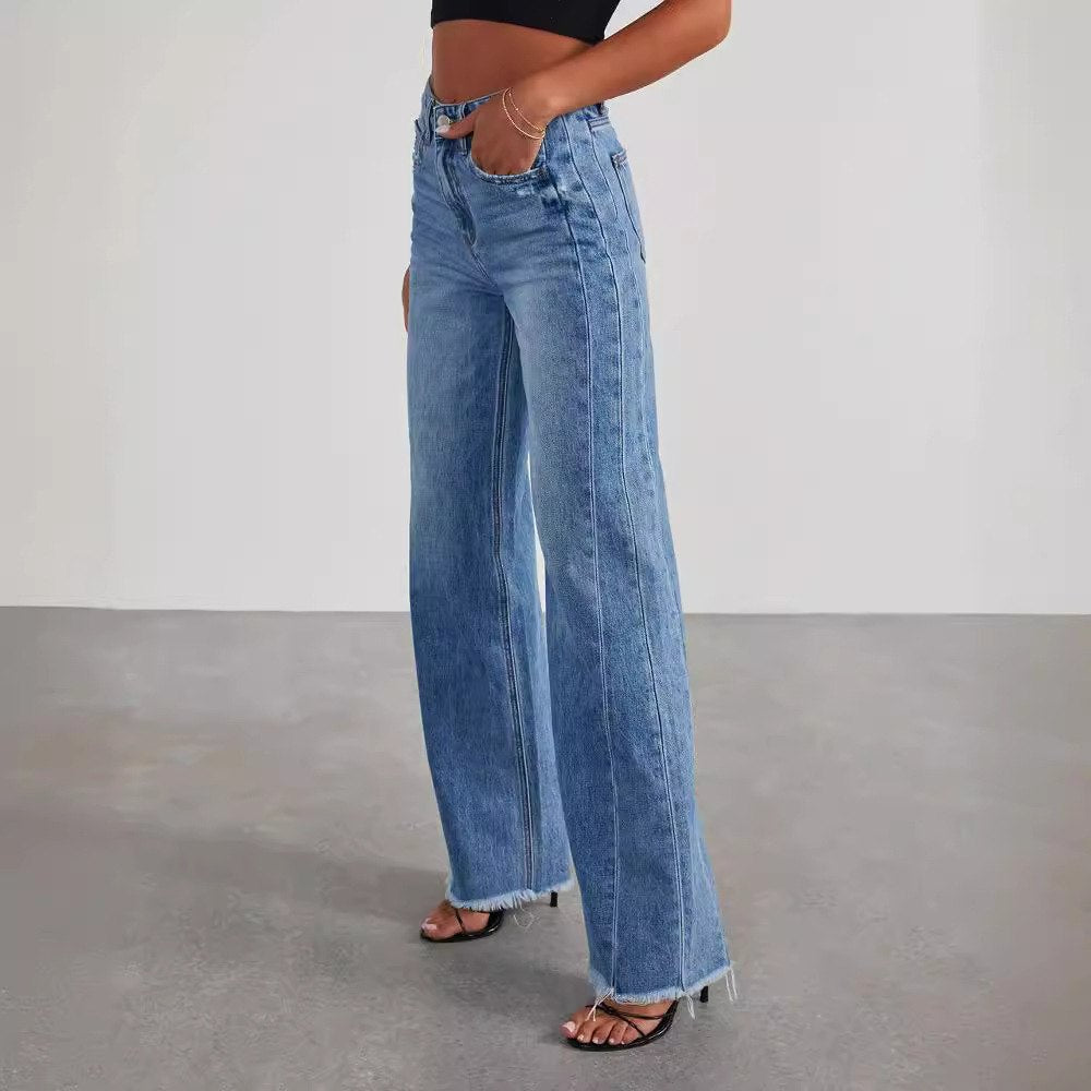 Effortless Blue High Waisted Jeans for Women with Wide Leg Straight Leg Casual Style
