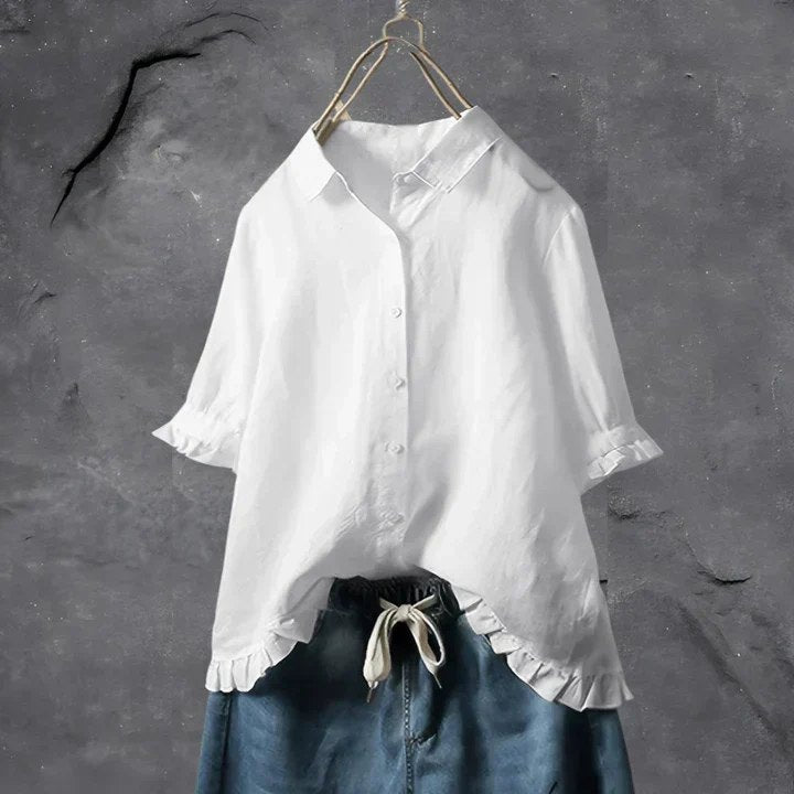 Effortless Denim White Button Down Shirt for Women with Collar Relaxed Button Front Office Style
