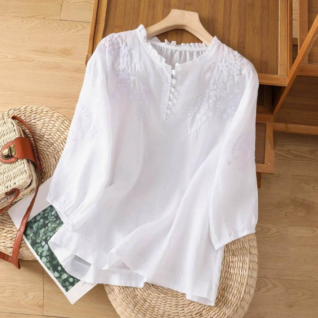 Effortless Floral White Shirt for Women with Relaxed Button Front Embroidered Detail Everyday Style